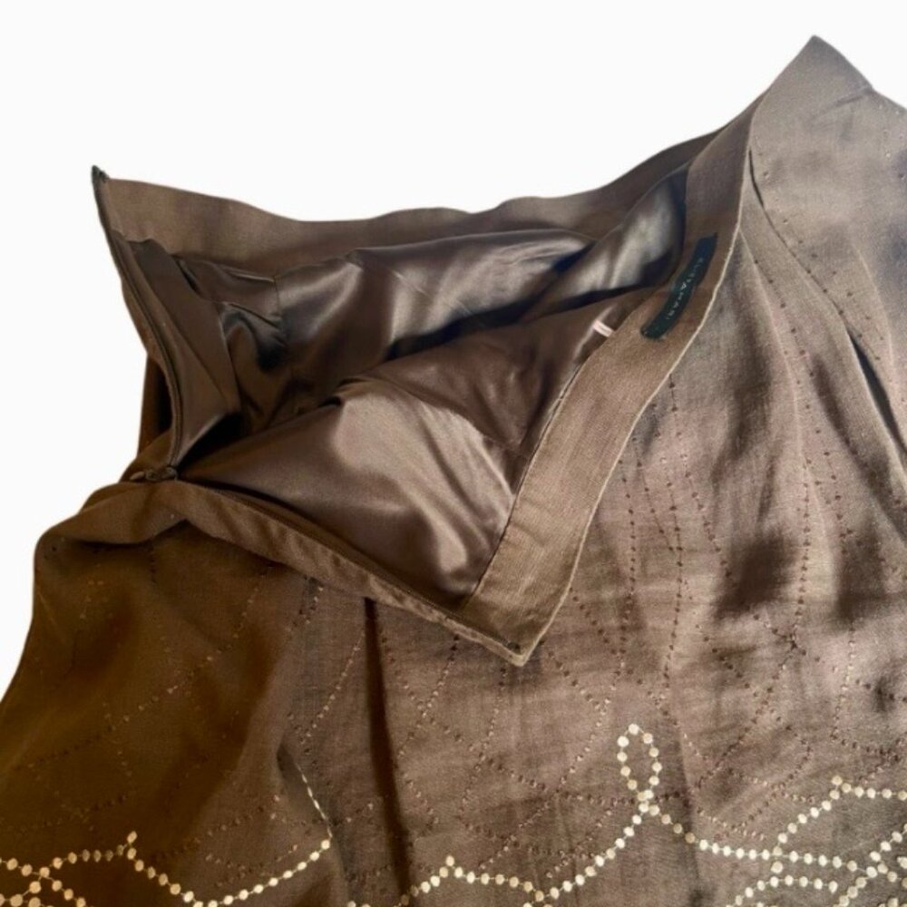 Elie Tahari Brown Linen Skirt with Embroidered Hem 6 - Picture 2 of 9